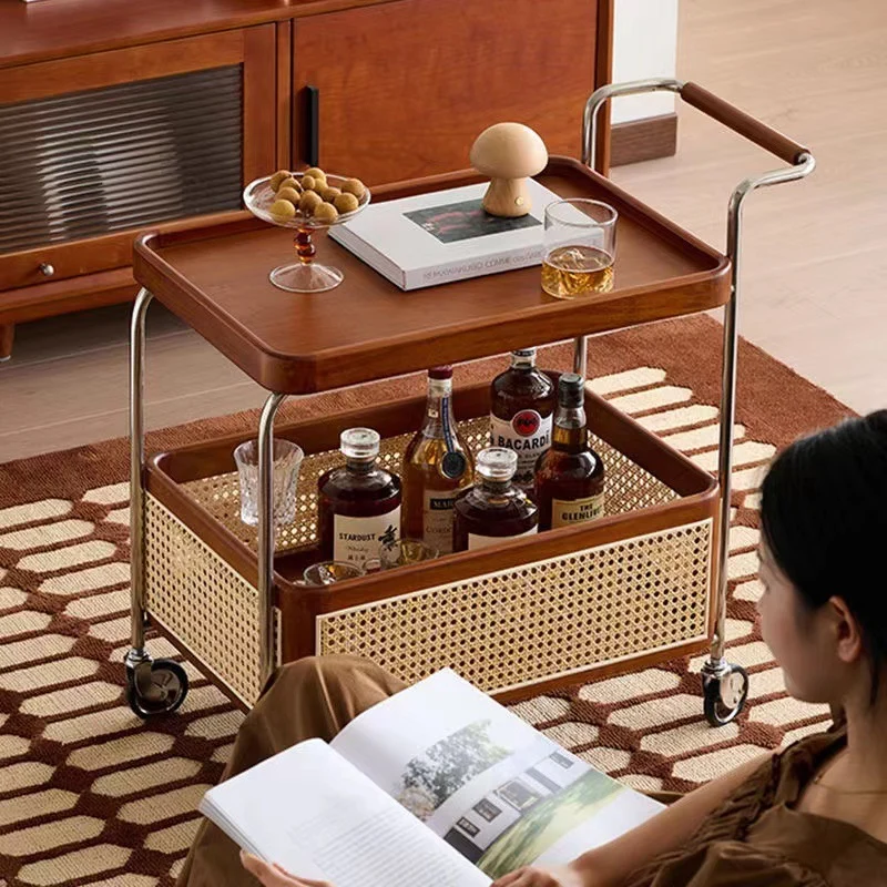 Traditional Japanese Cart-Shaped Stainless Steel Solid Wood Rattan Side Table 2-Tier For Living Room