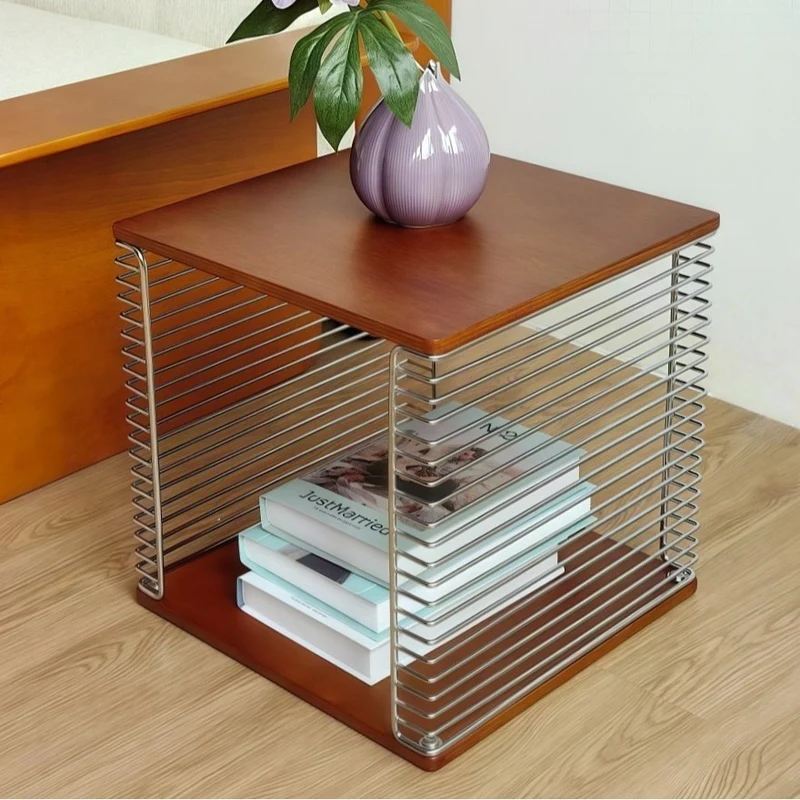Contemporary Scandinavian Solid Wood Plywood Stainless Steel Square Hollow End Table 2-Tier For Living Room