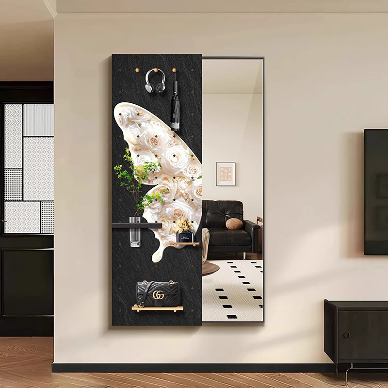 Contemporary Creative Rectangular Float Glass Medium-Density Fiberboard Push-Slide Decorative Full-Length Mirror For Living Room & Entryways