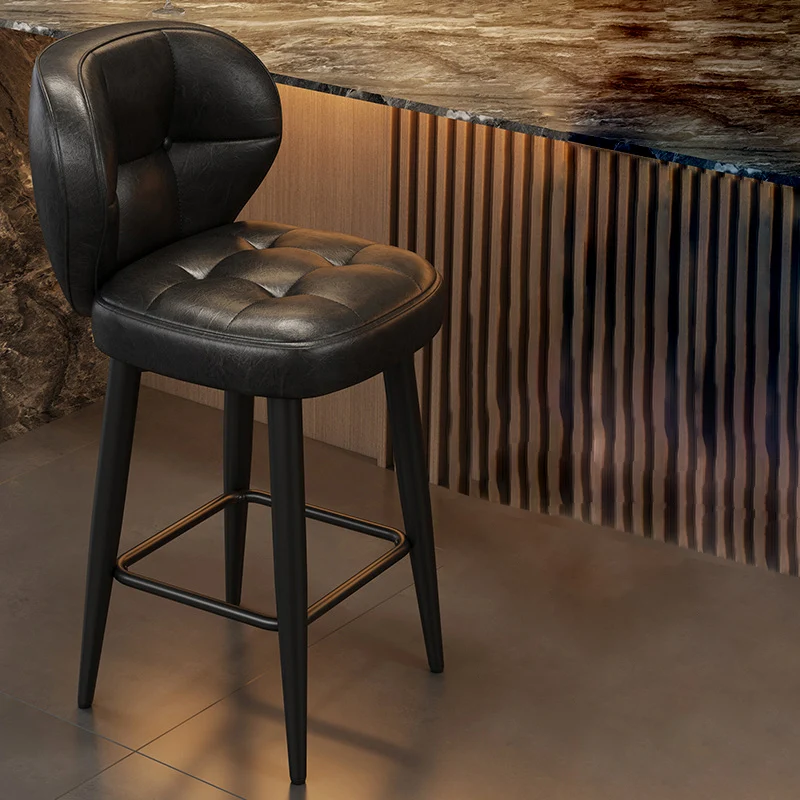 Contemporary Retro Square Oil Wax Leather Carbon Steel 360°Swivel Bar Stool Backrest Armless For Dining Room & Kitchen