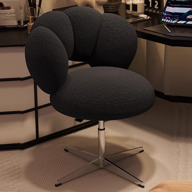 Modern Minimalist Round Lamb Fleece Velvet Carbon Steel Height Adjustable 360°Swivel Vanity Stool Backrest Armless For Bedroom