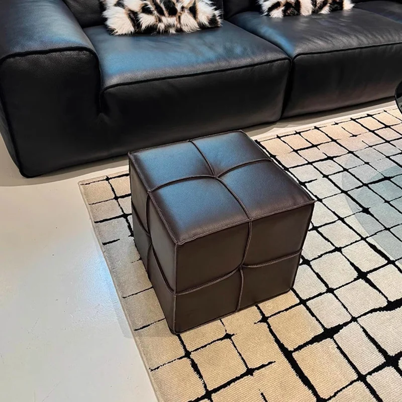 Traditional Vintage Square Plywood Sponge Synthetic Leather Footstool For Living Room