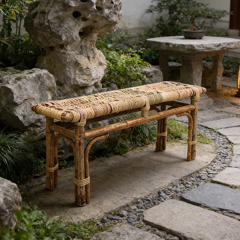 Modern Minimalist Bamboo Rattan Bench Solid Bamboo Frame & Woven Rattan: Sturdy, Lightweight, Eco-Friendly & Breathable Seating For Patio And Balcony