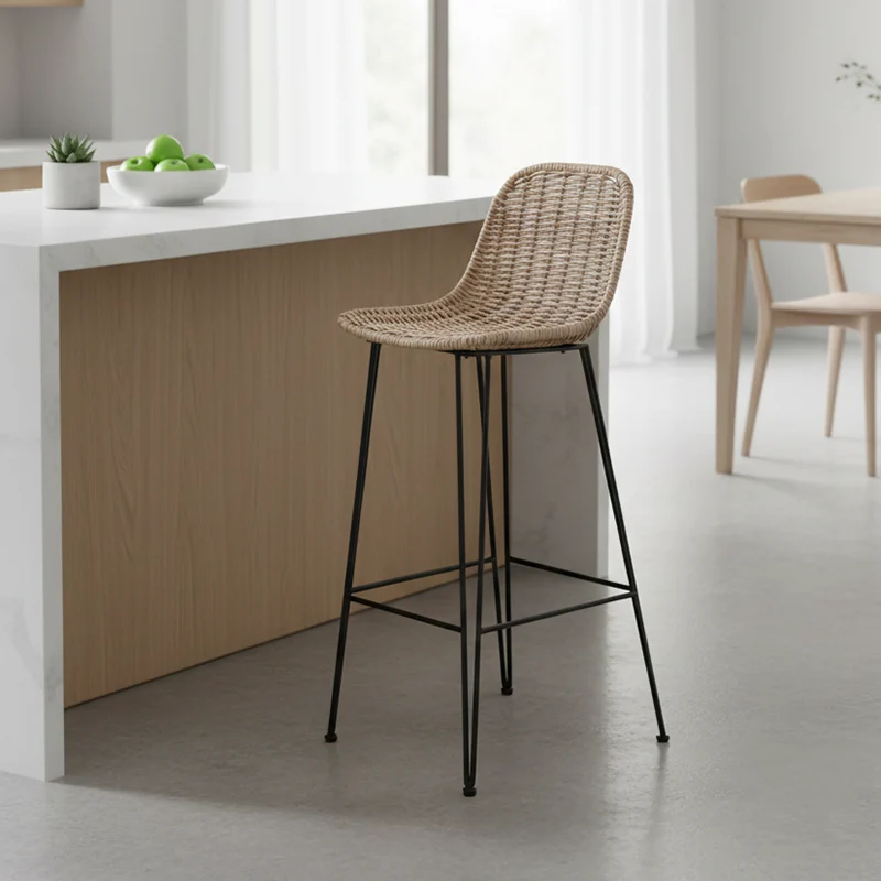 Rust-Proof Iron Frame Rattan Weaving Bar Stool - Breathable Ocean-View Seating Stool For Dining Room & Kitchen