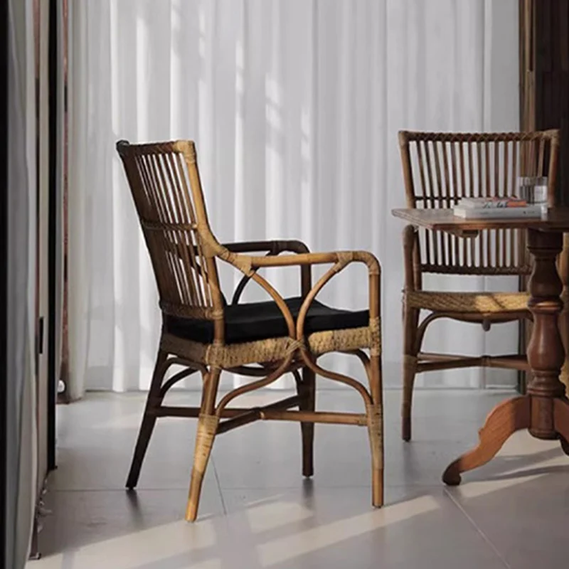Traditional Vintage Curved Fabric Rattan Sponge Dining Chair Backrest Armrest For Dining Room