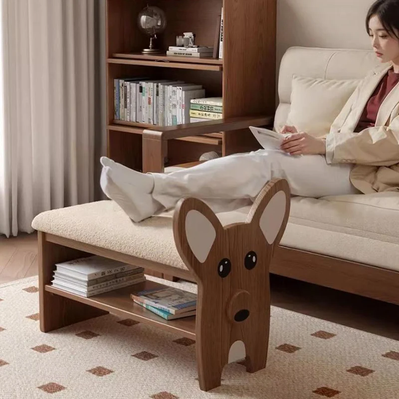 Modern Minimalist Dog-Shaped Red Oak Wood Teddy Plush Sponge Acrylic Footstool For Hallway