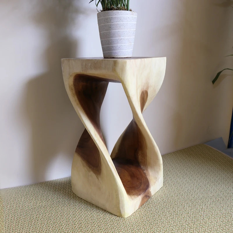 Modern Art Deco Spiral Solid Wood Footstool Openwork Design For Living Room