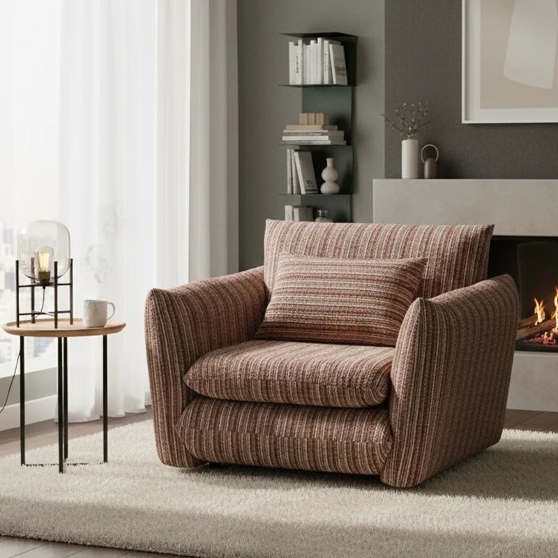 Traditional Vintage Curved Multi-Layer Board Solid Wood Cotton-Linen Sponge Accent Chair Backrest Armrest For Living Room
