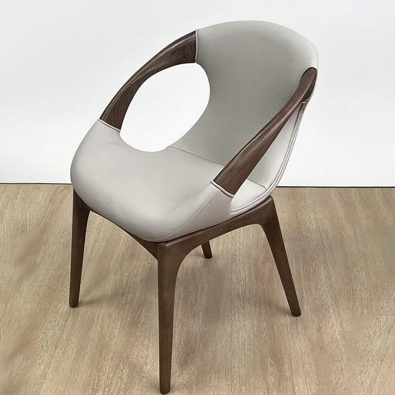 Modern Luxury Curved Tech White Ash Wood Sponge PU Leather Dining Chair Backrest Armrest For Dining Room