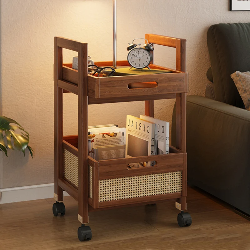 Traditional Chinese Rectangular Nan Bamboo MDF Plastic Rattan Weaving Movable End Table 2-Tier For Living Room