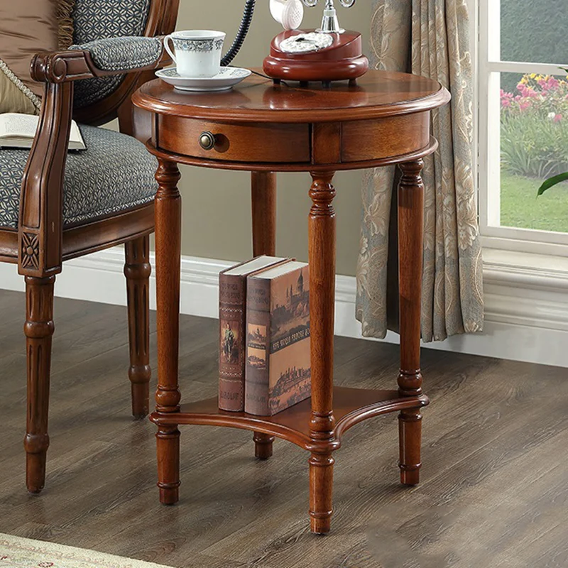 Contemporary Retro Round MDF Solid Wood End Table 1-Drawer For Living Room