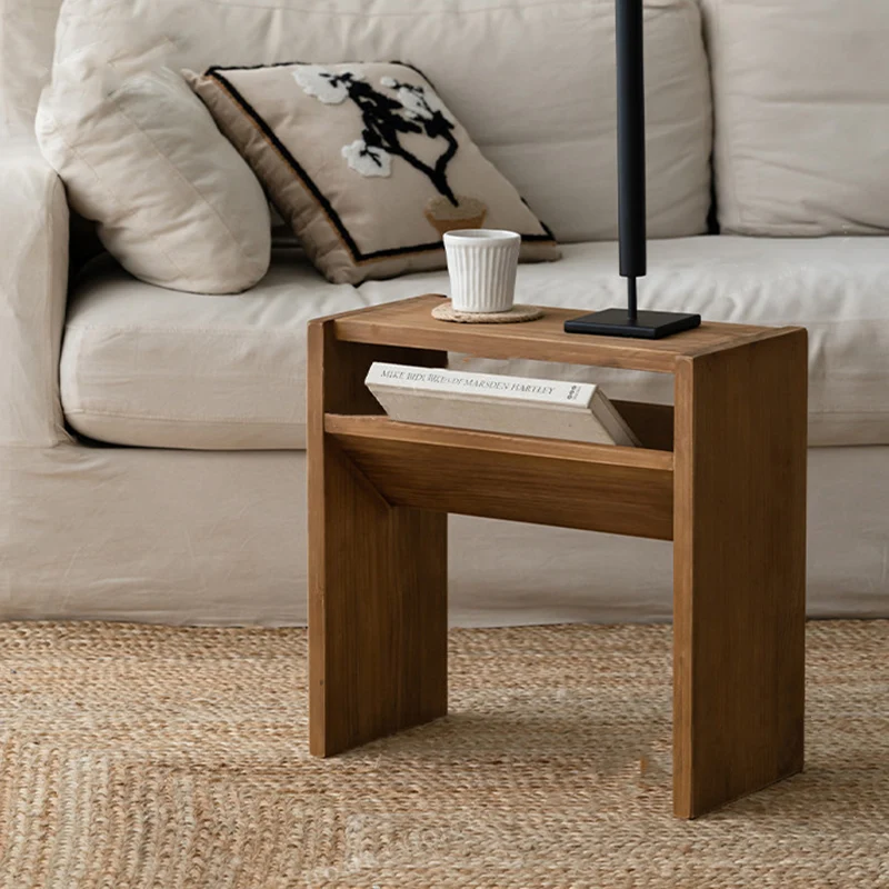 Traditional Rustic Rectangular Pine Wood End Table 2-Tier For Living Room