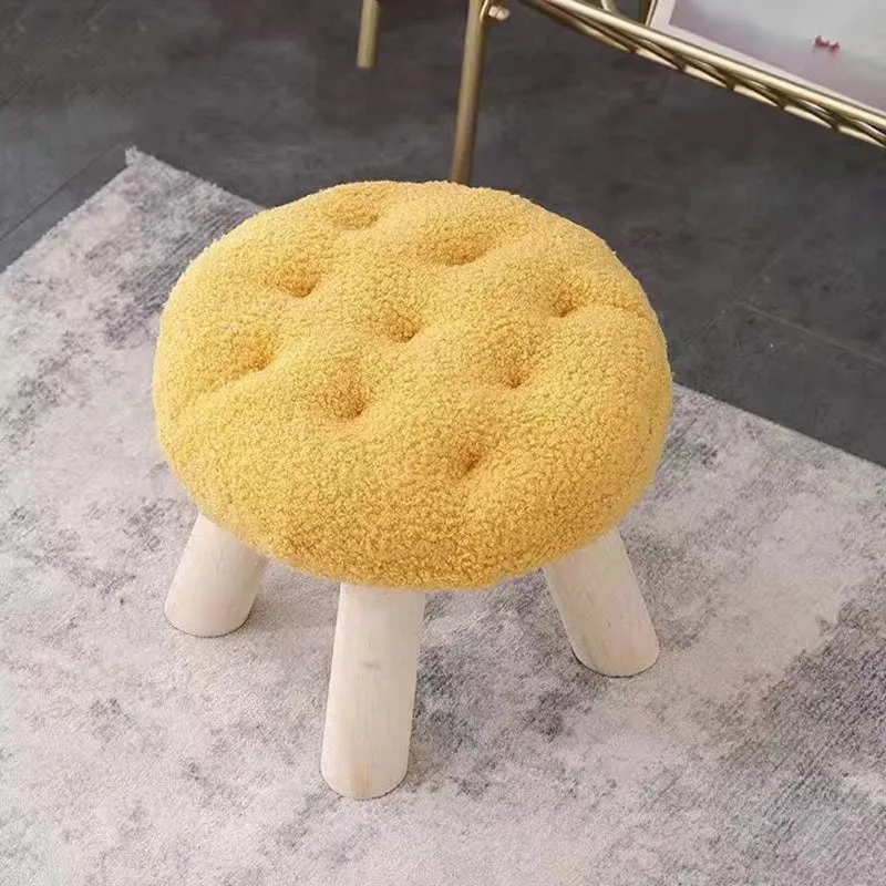 Contemporary Creative Round Cookie-Shaped Teddy Plush Solid Pine Wood Kids Low Stool Backless Armless For Living Room