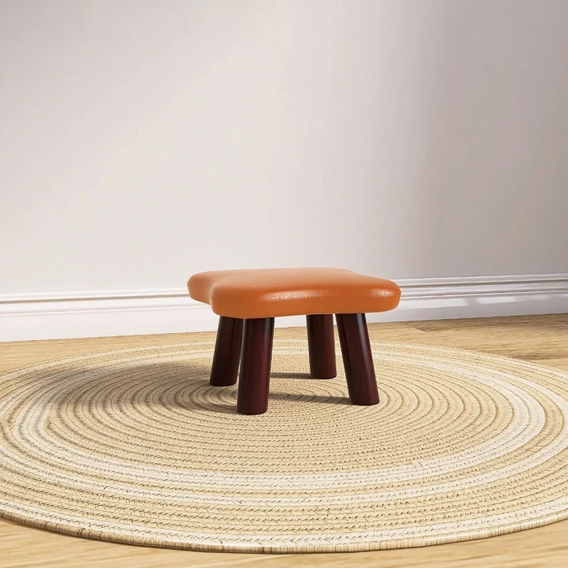 Contemporary Creative Four-Leaf Clover Shape Faux Oil-Waxed Leather Solid Wood Kids Low Stool Backless Armless For Living Room