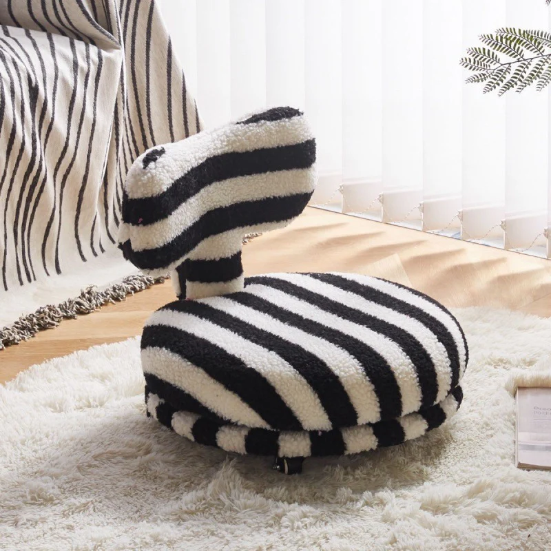 Contemporary Creative Round Bow Sherpa Fabric Iron Swivel Mobile Low Stool Backrest Armless For Living Room