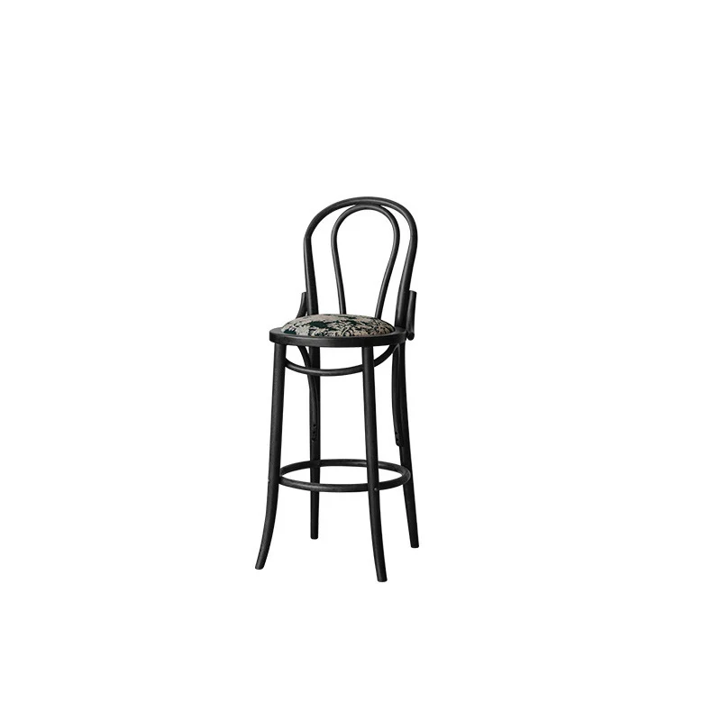 Traditional French Solid Wood Fabric Round Curved Bar Stool With Backrest For Living Room