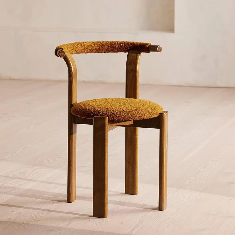 Traditional Chinese Cotton Linen Ash Wood Curved Cylindrical Dining Chair With Backrest For Dining Room