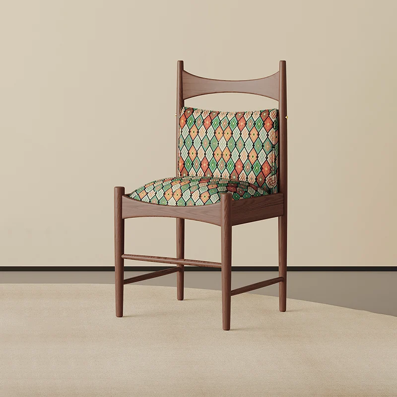 Traditional Chinese Fabric Ash Wood Cylindrical Square Dining Chair With Backrest For Dining Room