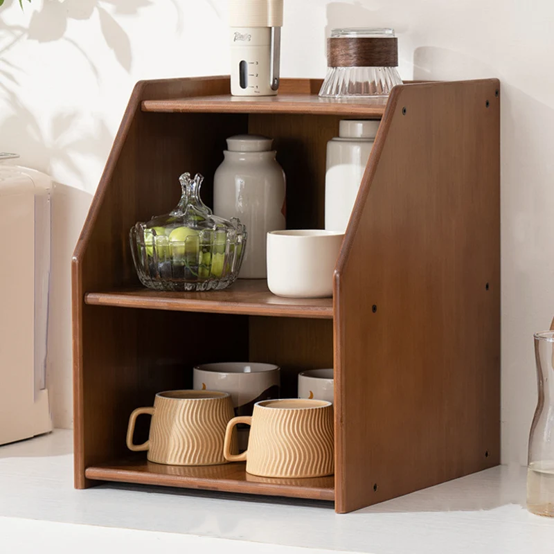 Traditional Vintage Bamboo Rattan Rounded Trapezoid Storage Shelf 2/3-Tier For Living Room