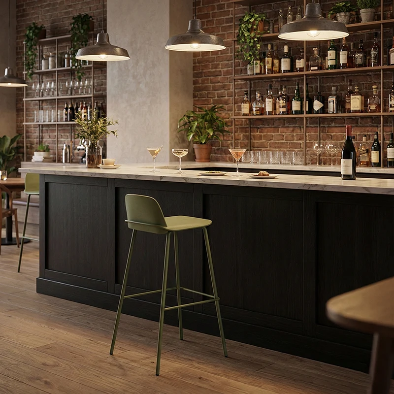 Modern Minimalist PP & Carbon Steel Rectangular Bar Stool With Backrest And Footrest For Dining Room