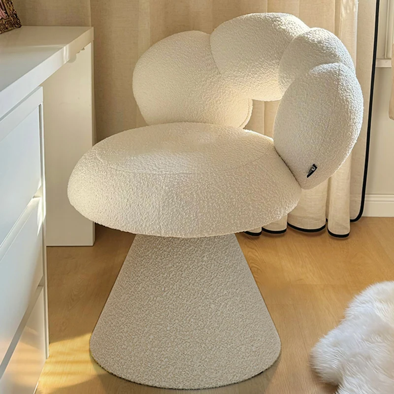Contemporary Creative Metal Solid Wood & Plywood Sherpa Fabric Petal Vanity Stool With Backrest & Swivel For Bedroom