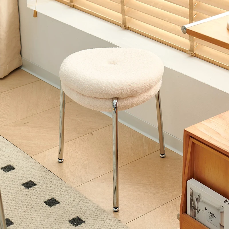 Modern Minimalist Rounded-edge Sherpa Fabric Metal Vanity Stool With Double-layer Cushion For Bedroom