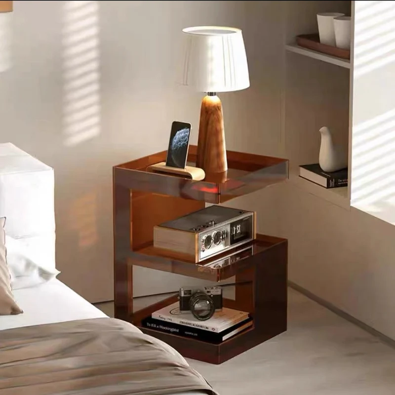 Contemporary Scandinavian Acrylic Square E-Shaped Side Table 3-Tier For Living Room