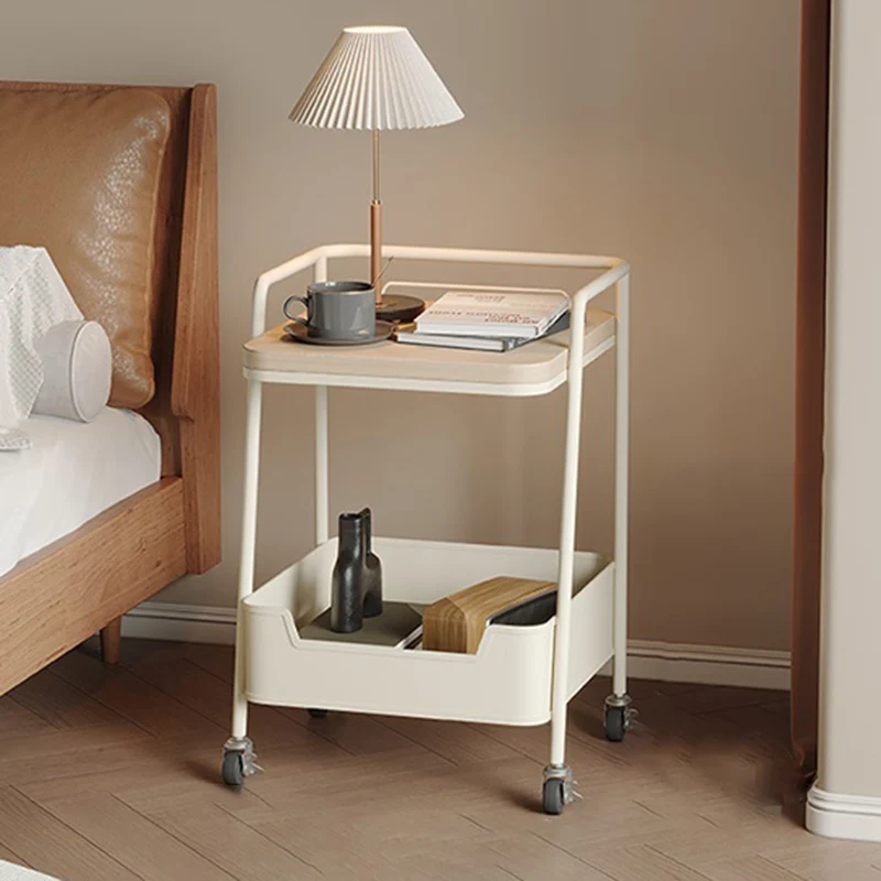 Modern Minimalist Trapezoidal Iron Rock Slab Wooden Board Movable End Table 2-Tier For Living Room