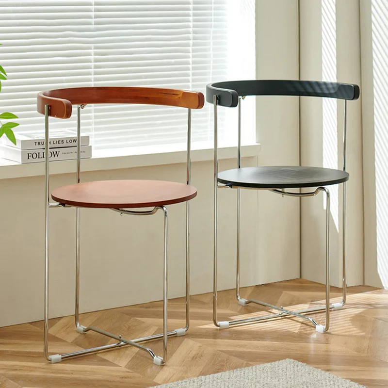 Contemporary Nordic Cylindrical Cotton-Linen Solid Wood Multi-Layer Board Steel Folding Dining Chair Backrest Armless For Dining Room & Kitchen