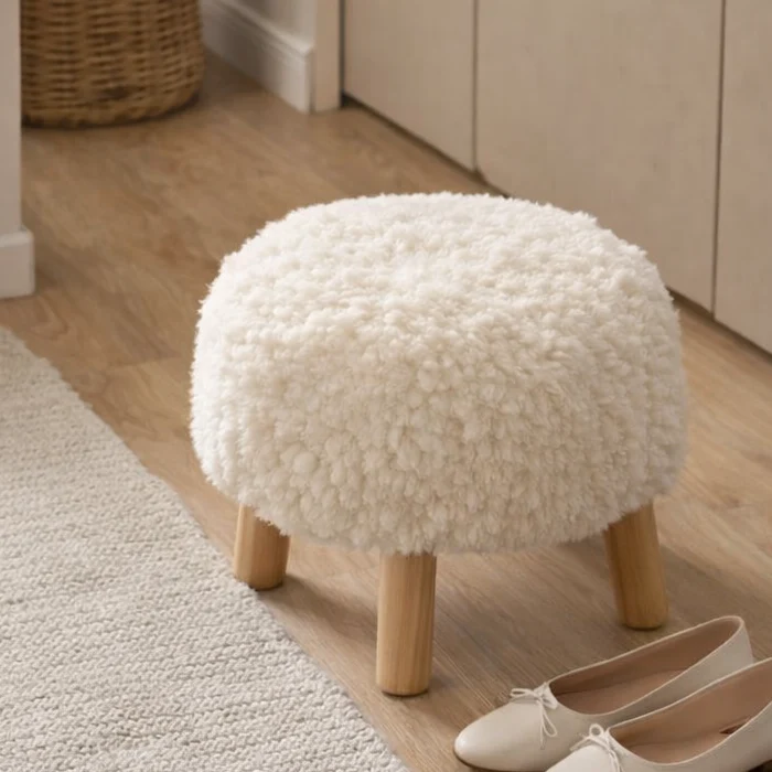 Contemporary Scandinavian Sherpa Fabric Solid Wood Round Low Stool For Entryway & Living Room