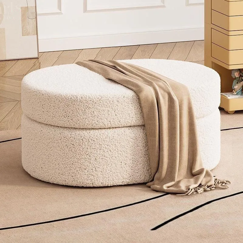 Modern Minimalist Sherpa Fabric Solid Wood Frame MDF Oval Low Stool With Hidden Storage For Entryway