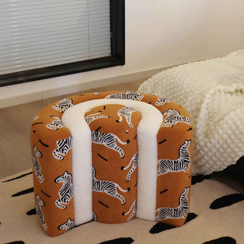 Contemporary Creative Solid Wood & Plywood Sherpa Fabric U-Shaped Zebra Pattern Low Stool For Entryway And Living Room