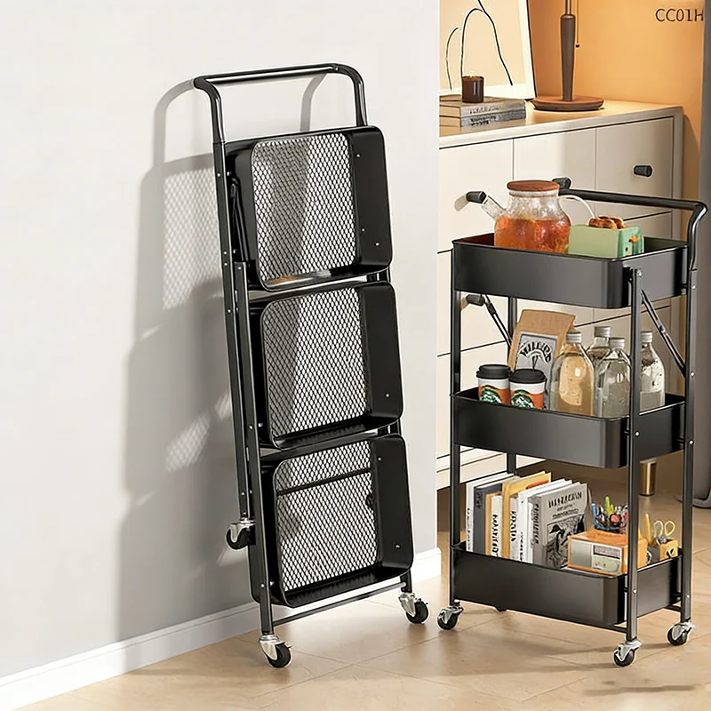 Modern Minimalist Rectangular Plastic Carbon Steel Movable Foldable End Table 3-Tier For Living Room