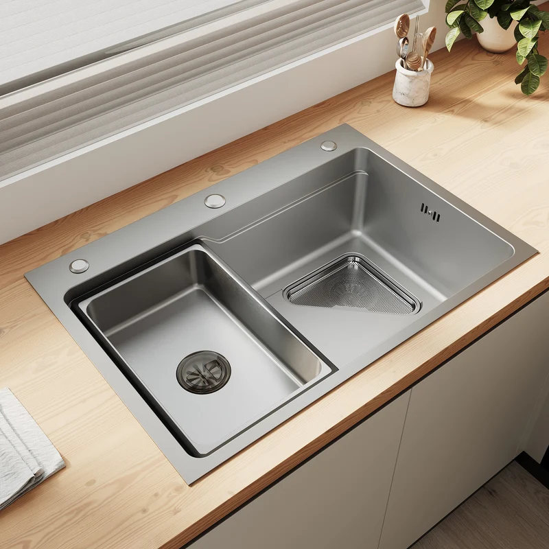 Évier de cuisine en acier inoxydable 304 SUS à 1 cuve, évier encastrable à une cuve avec égouttoir, crépine triangulaire, Argent, 70 × 48 cm
