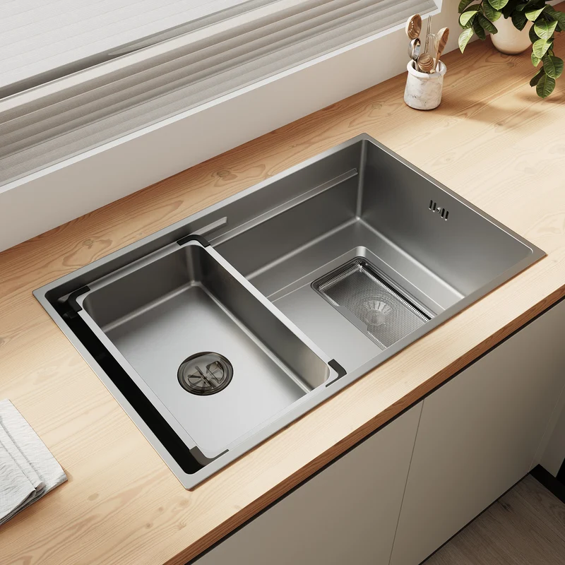 Évier de cuisine en acier inoxydable 304 SUS à 1 cuve, évier encastrable à une cuve avec filtre à déchets rectangulaire côté étroit, Argenté, 70×44cm