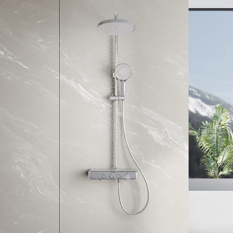 Colonne de Douche avec Thermostat à Verrouillage de Sécurité, 3 Modes et Double Tête à Bouton, Acier Inoxydable Chromé