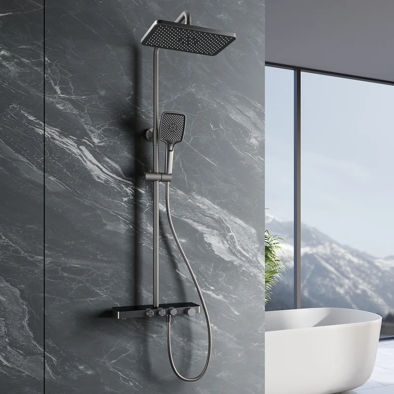 Colonne de Douche Thermostatique 38°C avec Pommeau de Douche, 3 Sorties d'Eau, Réglable en Hauteur, Gris Pistolet