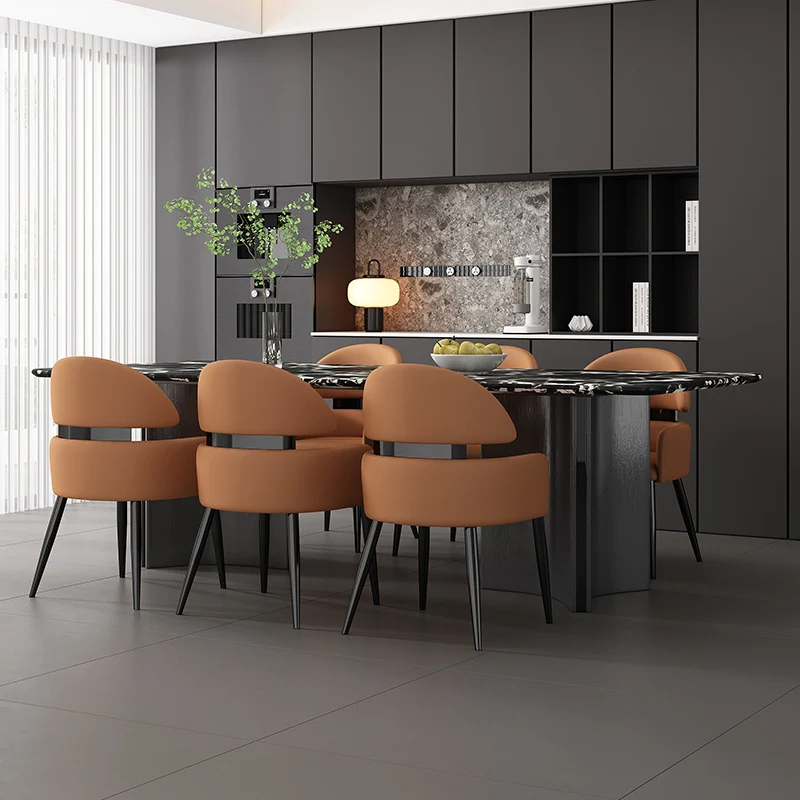 Modern Minimalist Square Curved Metal Faux Leather Plywood Dining Chair Backrest Armrest For Dining Room