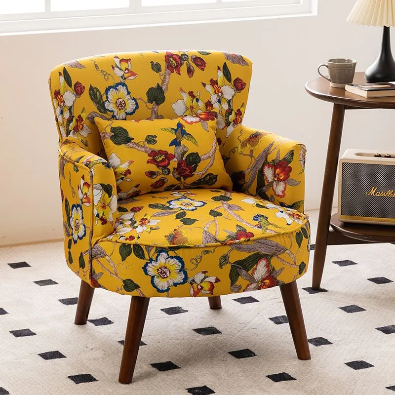 Traditional French Flower Patterned Cotton Linen Plywood Upholstered Accent Chair Backrest Armrest For Living Room