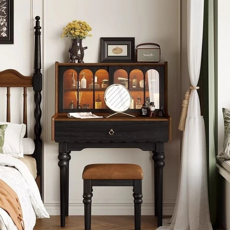 Traditional Vintage Rectangular Pine Glass Makeup Vanity 1-Drawer For Bedroom