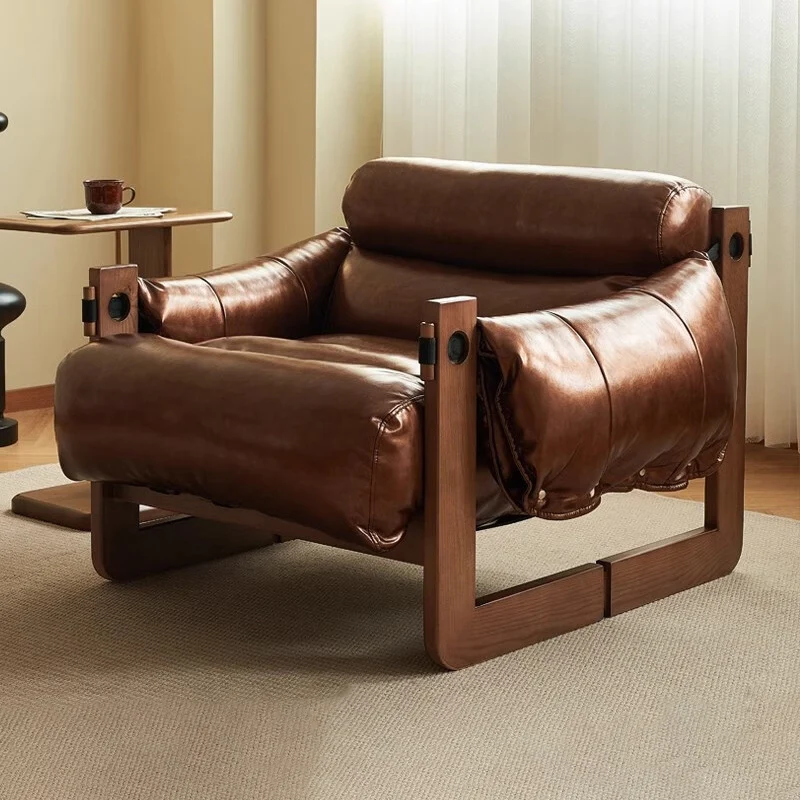 Traditional Vintage Rectangular Rubberwood Faux Oil Wax Leather Accent Chair Backrest Armrest For Living Room