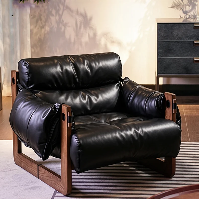Contemporary Retro Oil Wax Leather Microfiber Leather Genuine Leather Rubberwood Square Accent Chair Backrest Armrest For Living Room