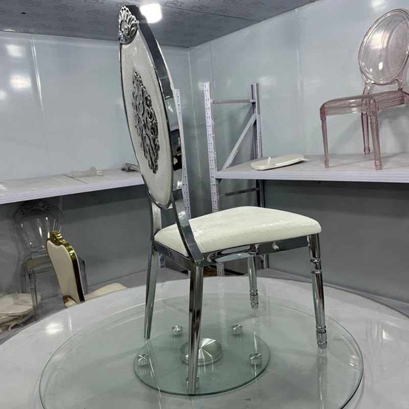 Traditional European Oil Wax Leather Sponge Stainless Steel Oval Carved Dining Chair Backrest For Dining Room
