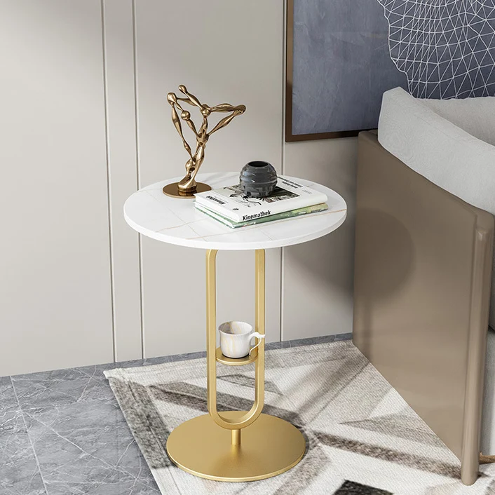 Contemporary Nordic Round Marble Iron Base End Table For Living Room