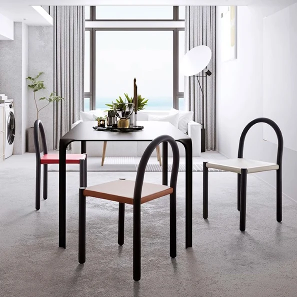 Contemporary Nordic Square Saddle-Style Faux Leather Carbon Steel Dining Chair Half Round Backrest For Dining Room