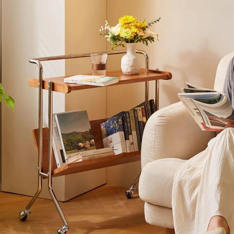 Modern Minimalist Removable Rectangular Rubberwood Iron End Table 1-Tray 1-Shelf For Living Room