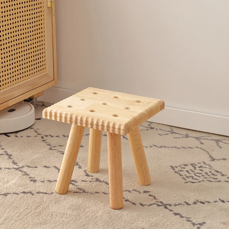 Contemporary Creative Biscuit Rubberwood Round Kids Low Stool For Living Room