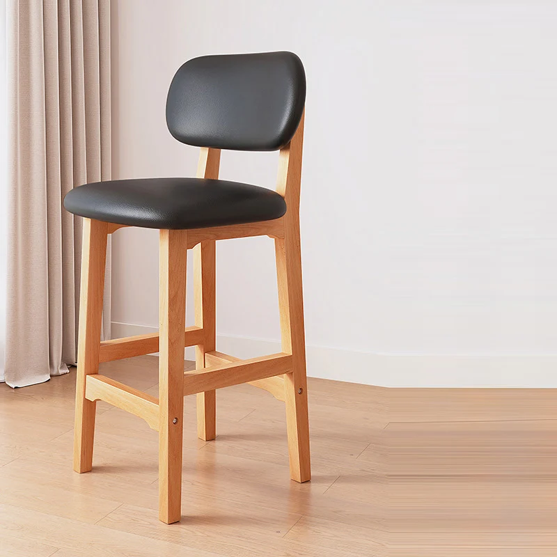 Traditional Japanese Square Rubberwood PU Leather Bar Stool Backrest Footrest For Dining Room