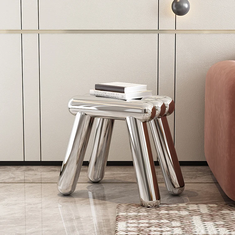 Modern Art Deco Trapezoid Full Stainless Steel Low Stool Backless Armless For Living Room