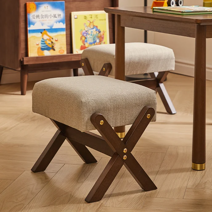 Modern Minimalist Rectangle X Shape Solid Wood Frame Cotton Linen Fabric Low Stool For Living Room